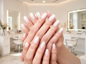 Zadbane dłonie z eleganckim manicure ombre w odcieniach bieli i nude o błyszczącym wykończeniu.