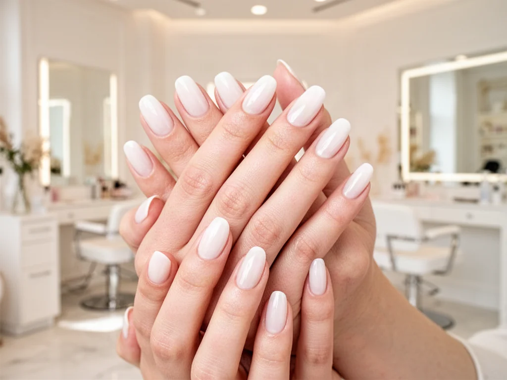 Dłonie z eleganckim manicure w kolorze mlecznej bieli na tle minimalistycznego salonu kosmetycznego.