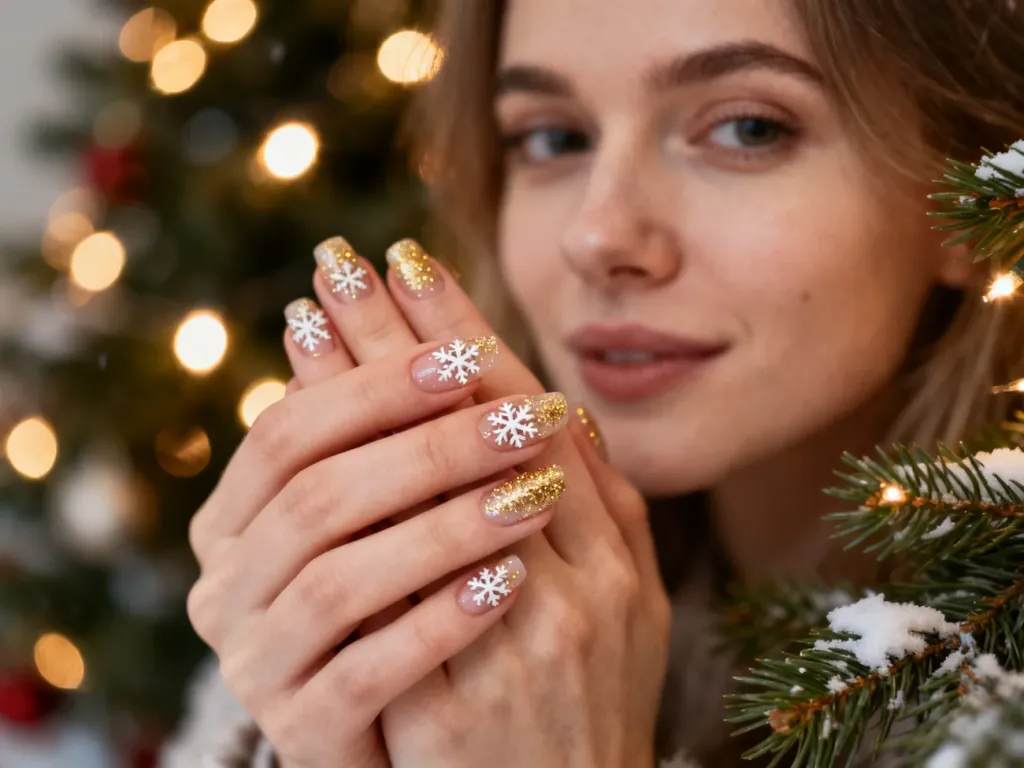 Elegancki świąteczny manicure ze wzorami płatków śniegu i złotym brokatem na tle rozmytych lampek choinkowych.