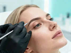 Elegancki świąteczny manicure ze wzorami płatków śniegu i złotym brokatem na tle rozmytych lampek choinkowych.