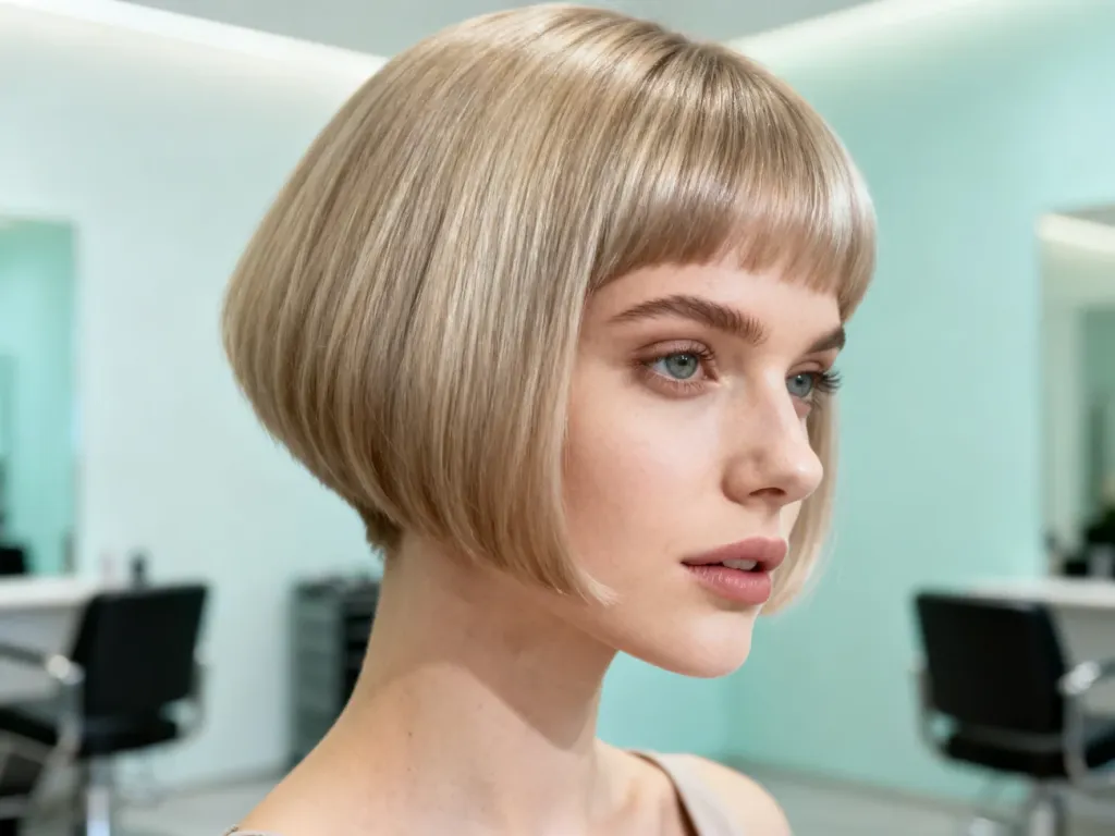 Modelka prezentująca nowoczesną, modną fryzurę w profesjonalnym salonie fryzjerskim.
