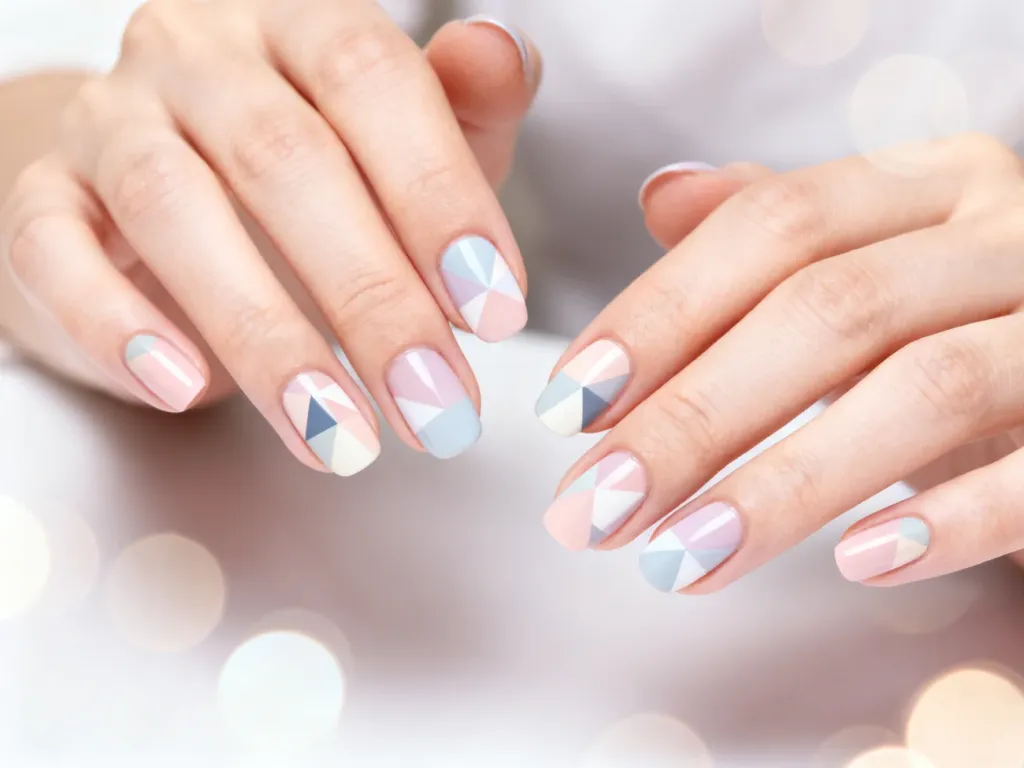 Dłonie z profesjonalnym manicure w pastelowych kolorach i geometryczne wzory na paznokciach w salonie kosmetycznym.