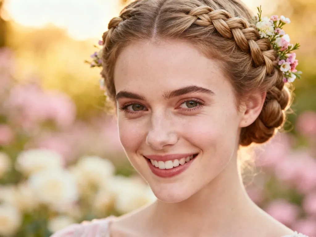 Eleganckie upięcie z warkoczem i żywymi kwiatami na średnich włosach, idealne na wesele w romantycznym stylu.