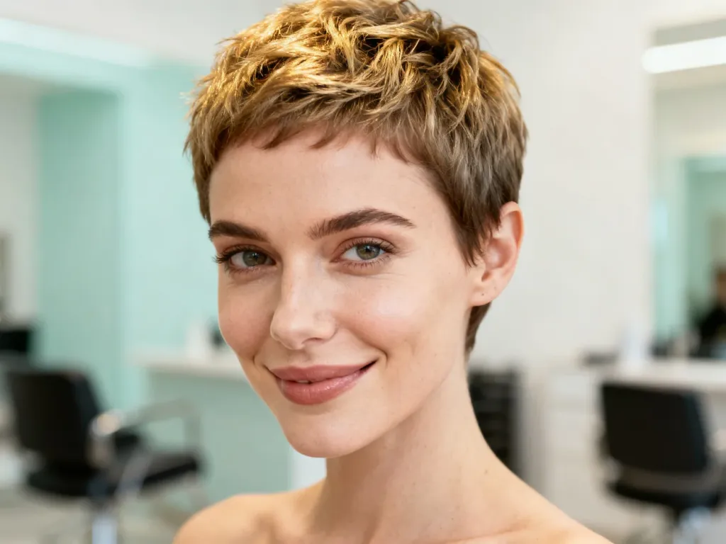 Uśmiechnięta kobieta z modną fryzurą typu pixie cut, prezentująca stylowe i zadbane krótkie włosy w nowoczesnym salonie.