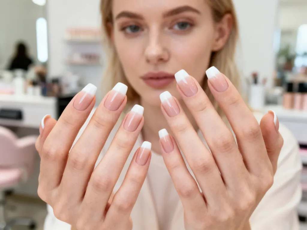 Elegancki manicure typu ombre french z płynnym przejściem bieli w odcień nude na zadbanych paznokciach.