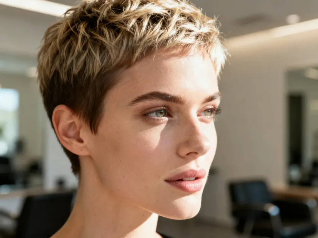 Kobieta z modną, teksturowaną fryzurą typu pixie w nowoczesnym salonie fryzjerskim.